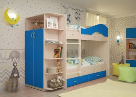 Кровать Мая двухъярусная с ящиками и шкафом Млечный дуб/Голубой в Таре - tara.katalogmebeli.com | фото