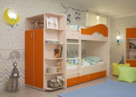 Кровать Мая двухъярусная с ящиками и шкафом Млечный дуб/Оранжевый в Таре - tara.katalogmebeli.com | фото