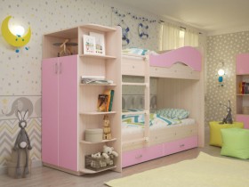 Кровать Мая двухъярусная с ящиками и шкафом Млечный дуб/Розовый в Таре - tara.katalogmebeli.com | фото