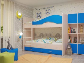 Кровать Мая двухъярусная с ящикамиМлечный дуб/Голубой в Таре - tara.katalogmebeli.com | фото
