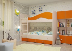 Кровать Мая двухъярусная с ящикамиМлечный дуб/Оранжевый в Таре - tara.katalogmebeli.com | фото 1