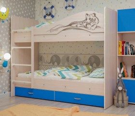 Кровать Мая-Сафари двухъярусная с ящикамиМлечный дуб/Голубой в Таре - tara.katalogmebeli.com | фото