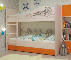 Кровать Мая-Сафари двухъярусная с ящикамиМлечный дуб/Оранжевый в Таре - tara.katalogmebeli.com | фото